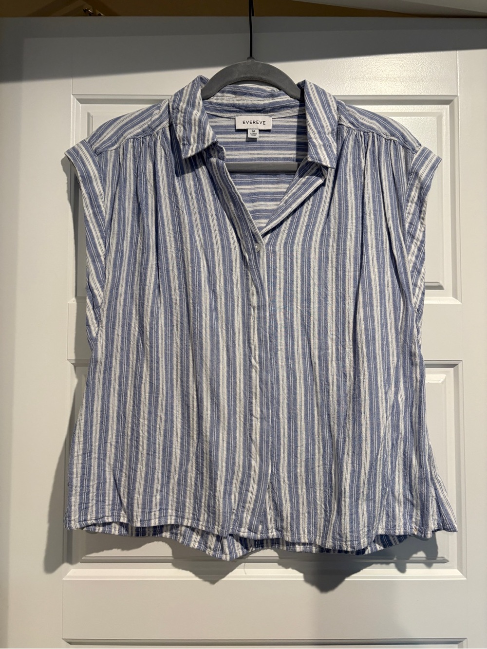 Evereve Blue and White Striped linen Cap Sleeve Button-Front Top